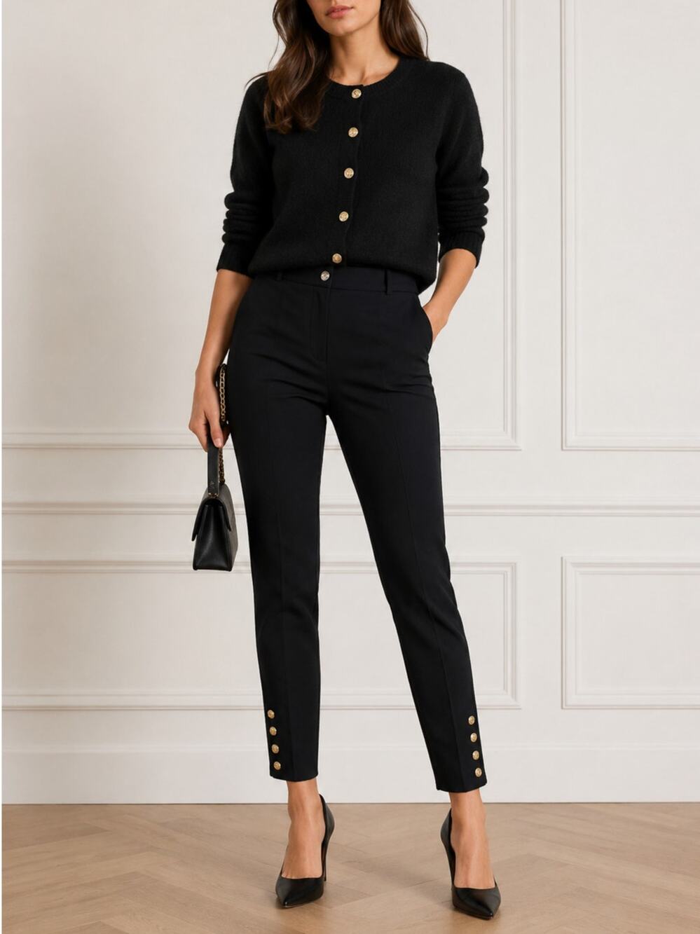 Sandro Paris Gold Button Ankle Trousers Black Sz 2 Old Money Office